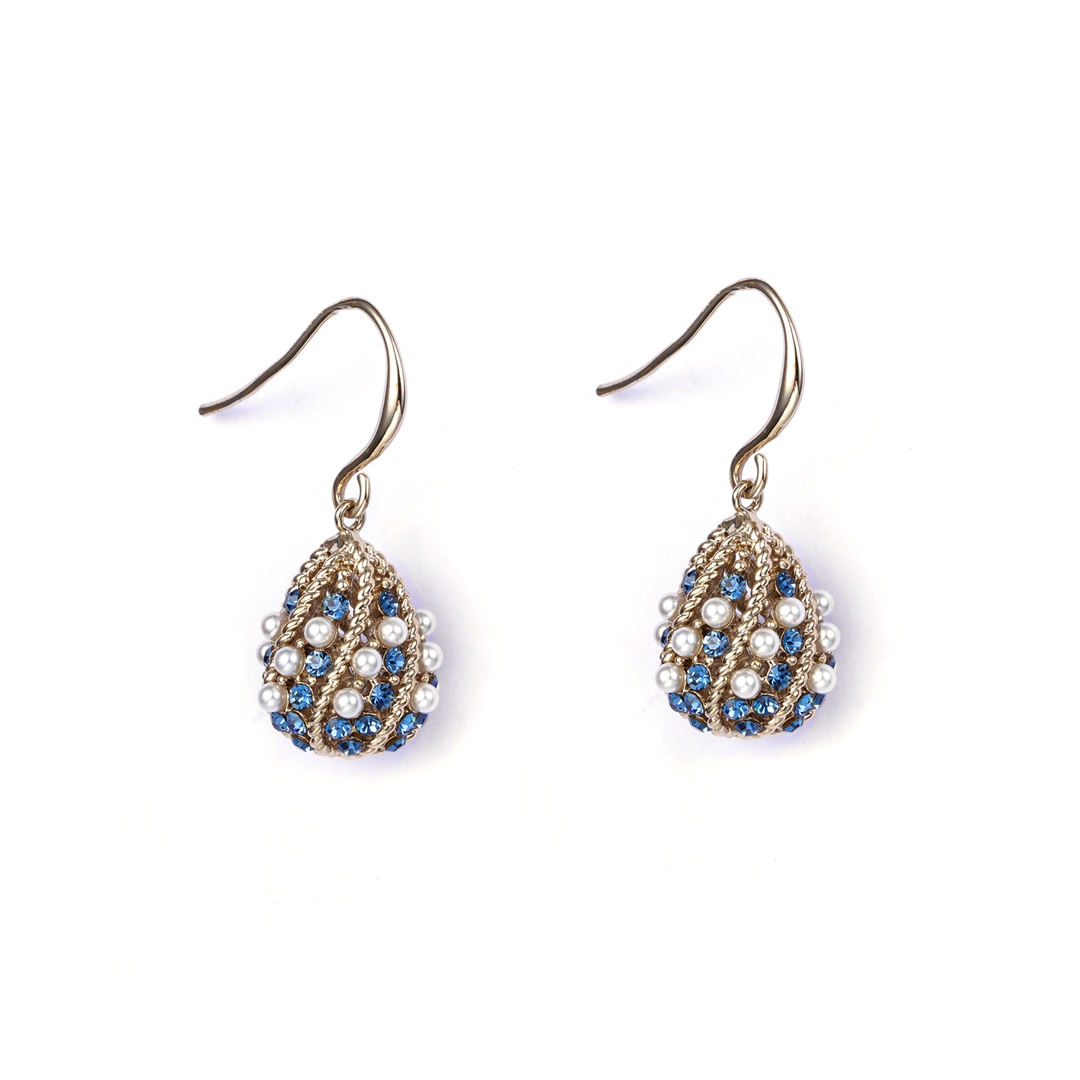 蓝色立方氧化锆混合白色珍珠时尚耳环