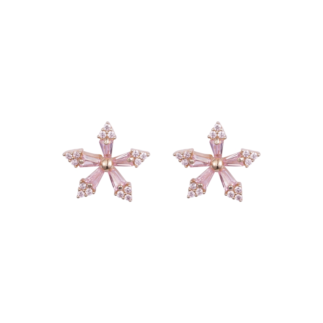 粉色方晶锆石花朵耳环 