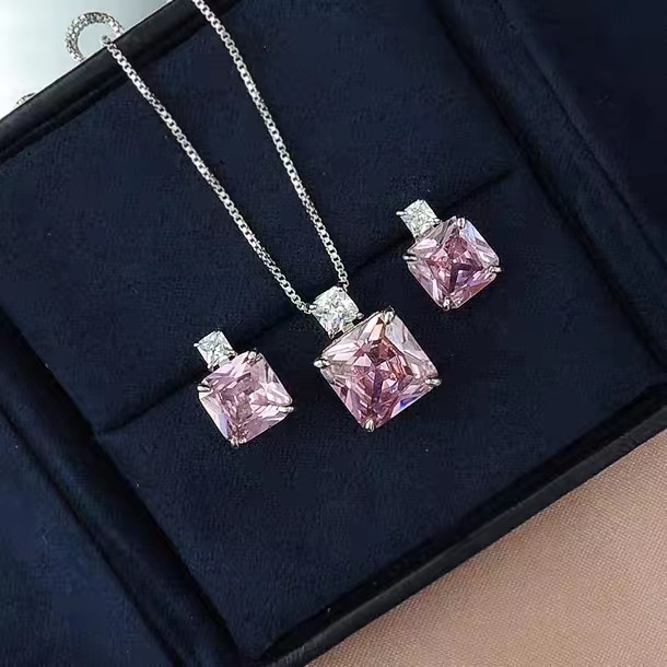 粉色水晶宝石吊坠项链和耳环套装 STB014