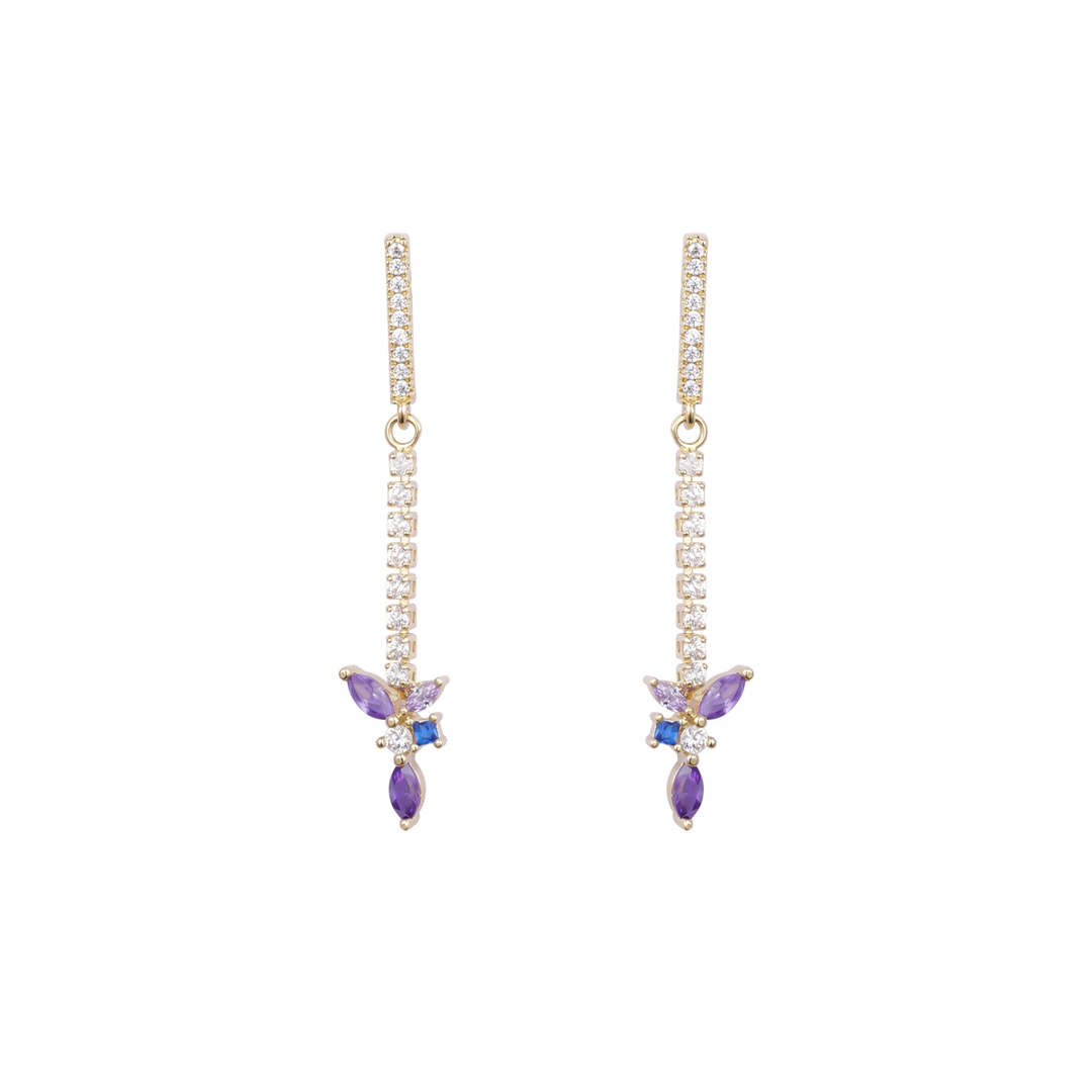 优雅紫色兰花方晶锆石耳环 14k 镀金