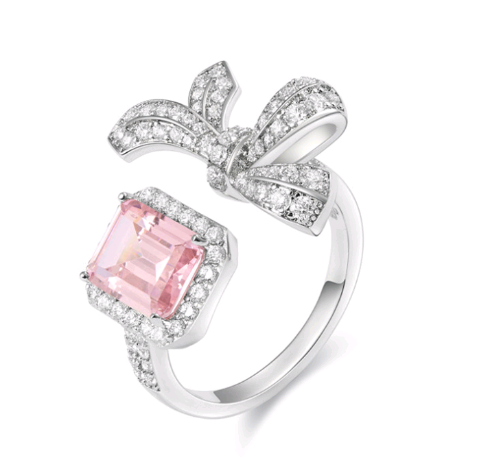 粉色方形钻石蝴蝶结开口戒指 RTB141