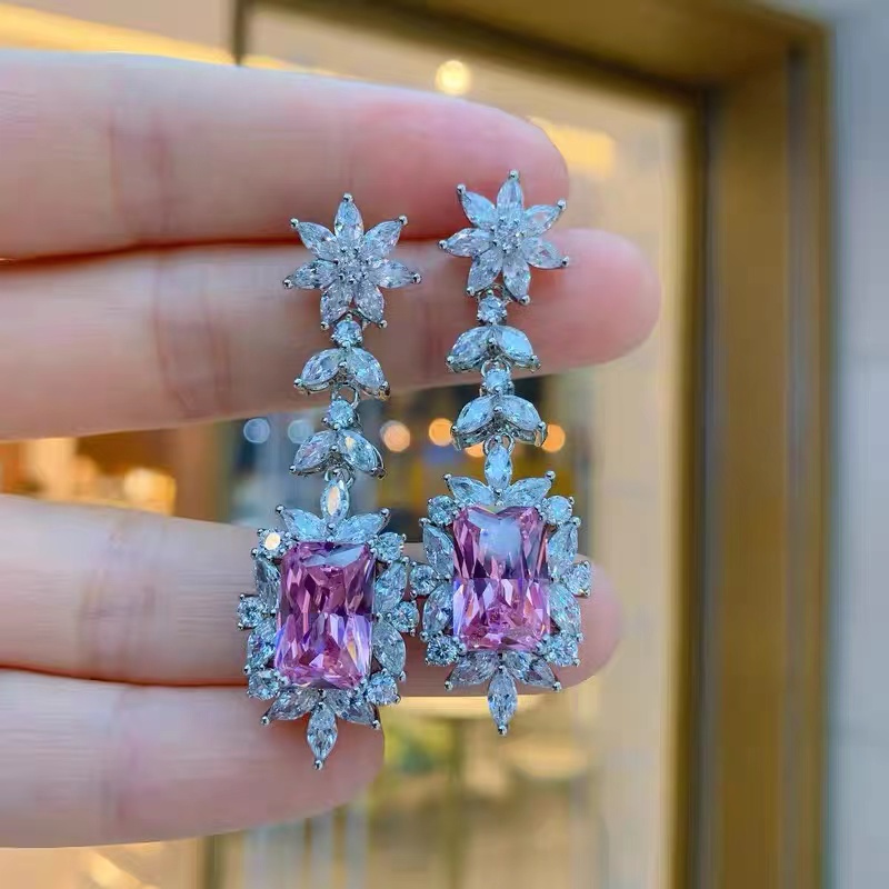 时尚粉色宝石镶嵌锆石吊式耳环 ETB028