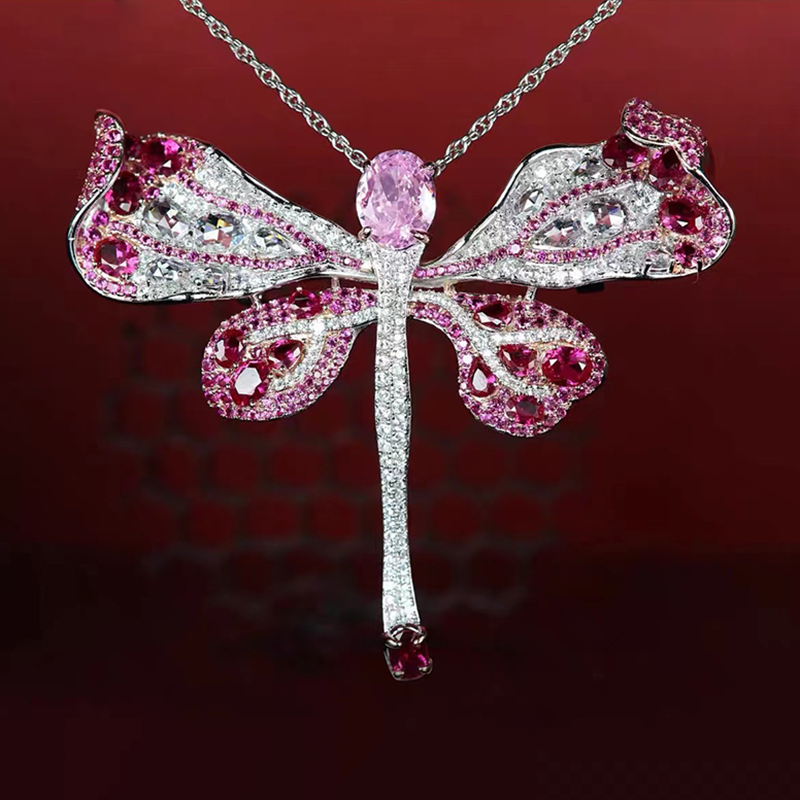 带石榴石镶钻和粉红色宝石的蜻蜓吊坠项链 NTB021